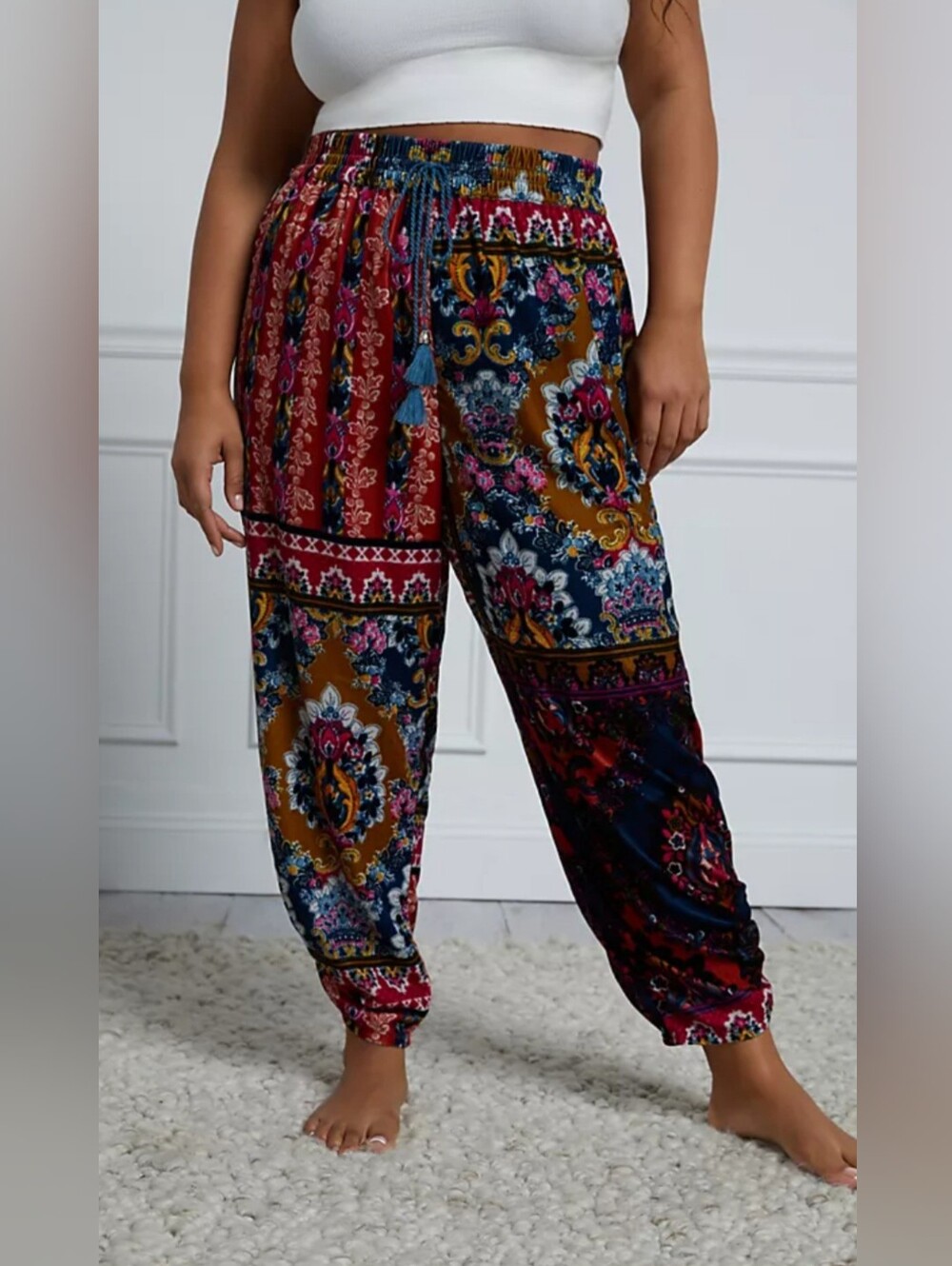 Anthropologie Multicolor Boho Patchwork velvet Jogger / lounge /harem pants sz s
